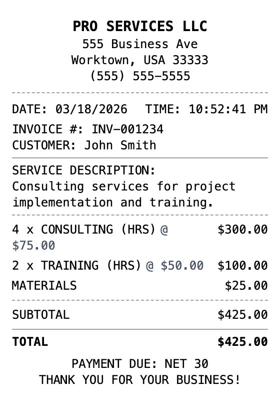 Service Receipt receipt template preview