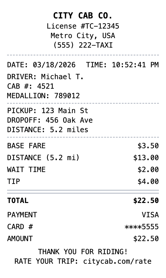 Taxi Receipt receipt template preview