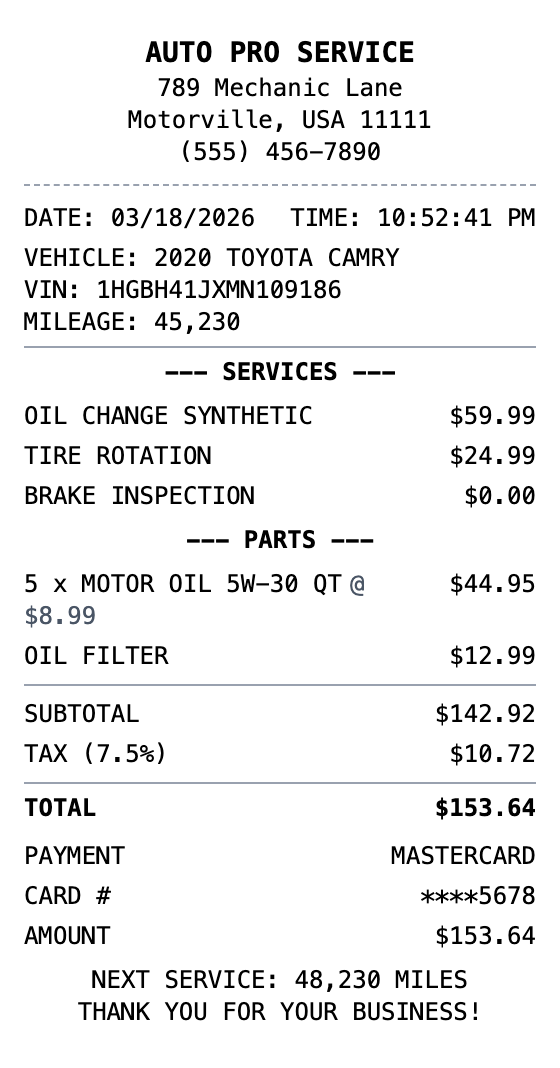 Auto Service Receipt receipt template preview
