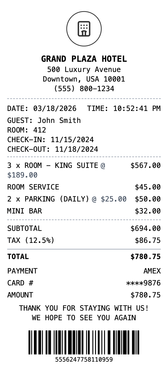 Hotel Receipt receipt template preview