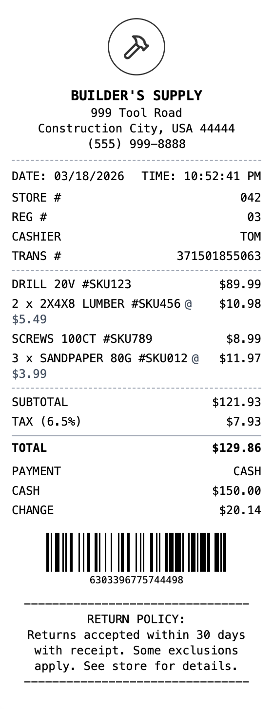 Hardware Store Receipt receipt template preview