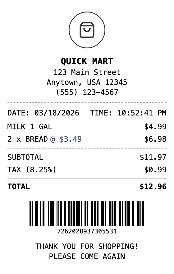 Convenience Store Receipt receipt template preview